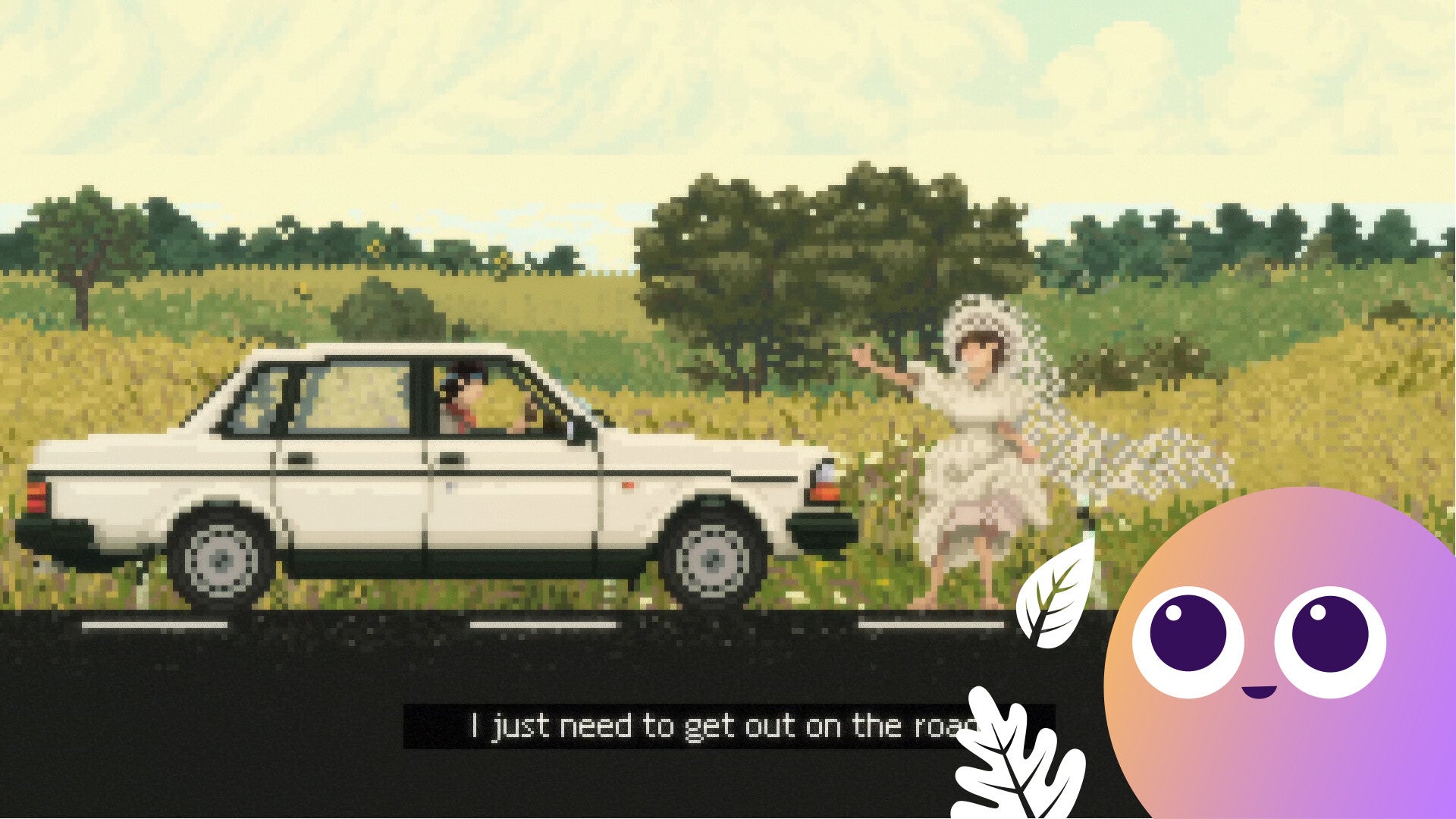 A wishlisty-fied image of a car stopping to pick up a runaway bride in Keep Driving. - 1