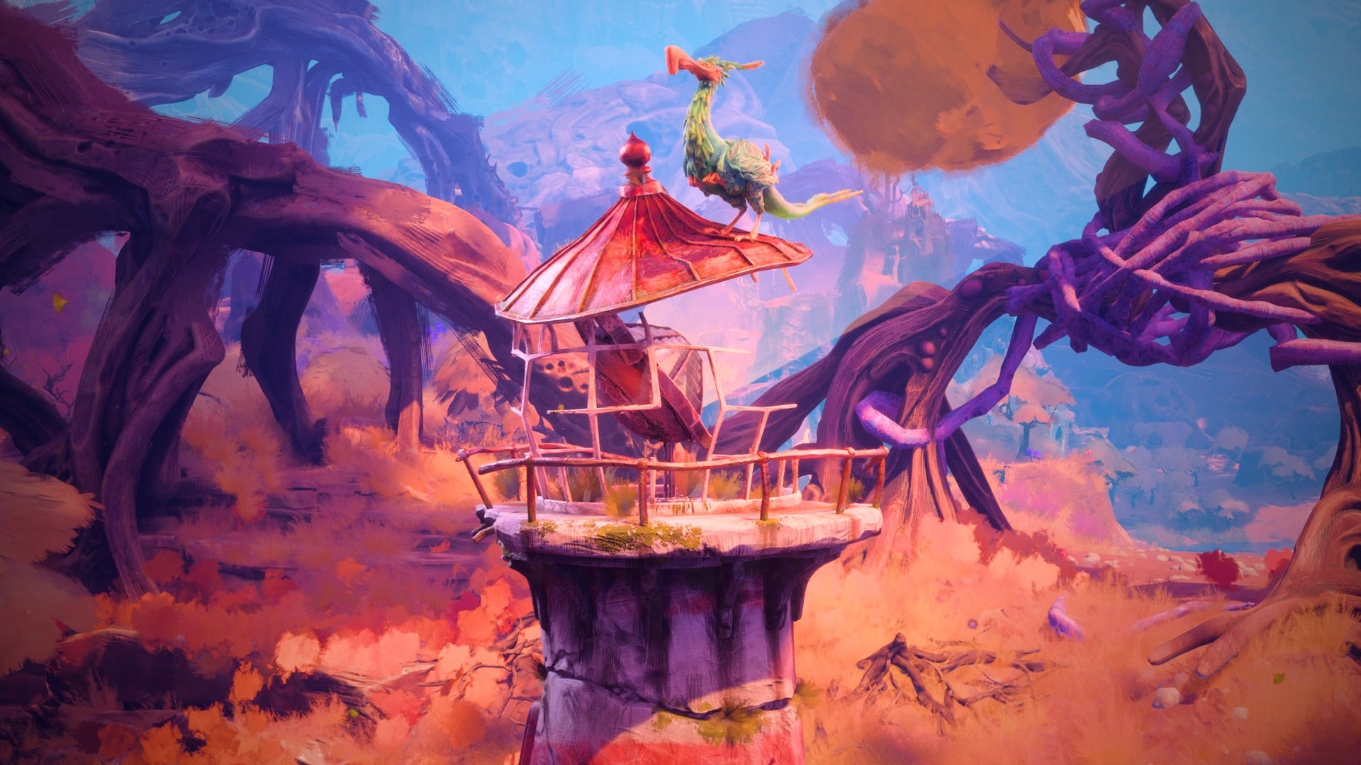 Screenshot showing Keeper's sentient lighthouse exploring a colourful world with a bird-like creature perched on top.