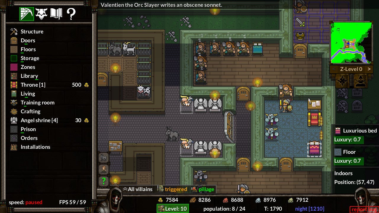 Minions sleep and guard a fortress which also contains farm animals in the 2D sprite art of KeeperRL. - 1