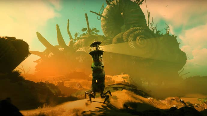 Keeper screenshot showing a sentient lighthouse scurrying across a strange, apocalyptic landscape on four legs.