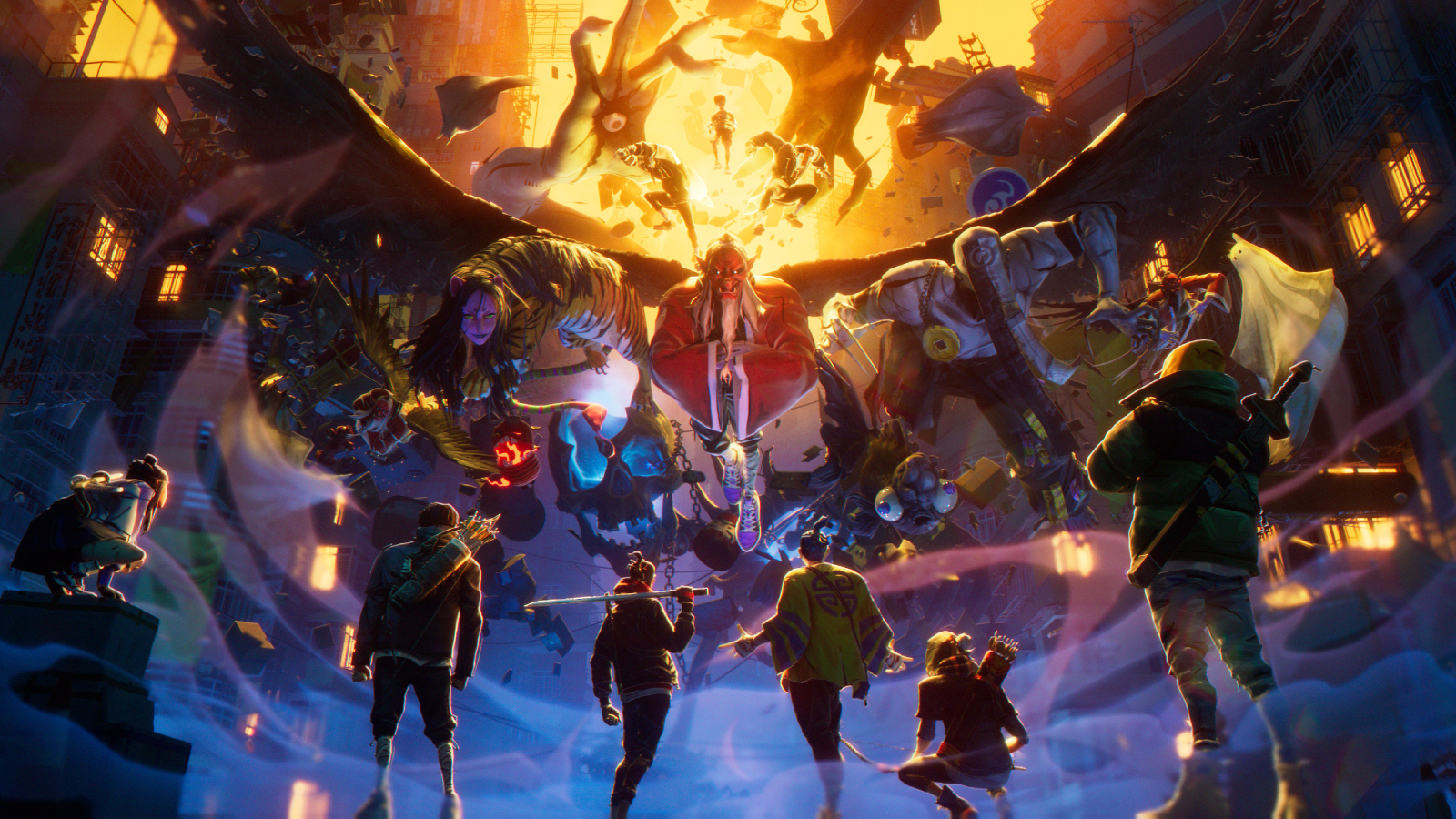 Still from Kemuri trailer showing hunter characters facing up against Yokai beings in the sky