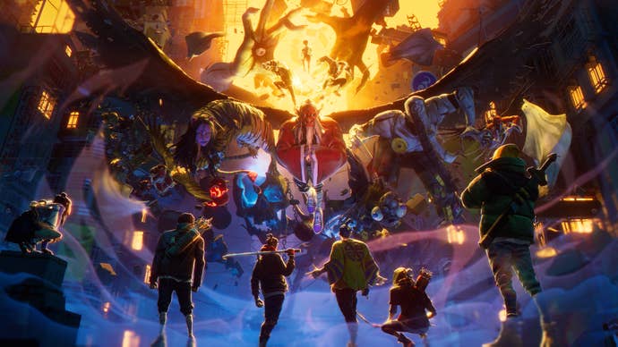 Still from Kemuri trailer showing hunter characters facing up against Yokai beings in the sky