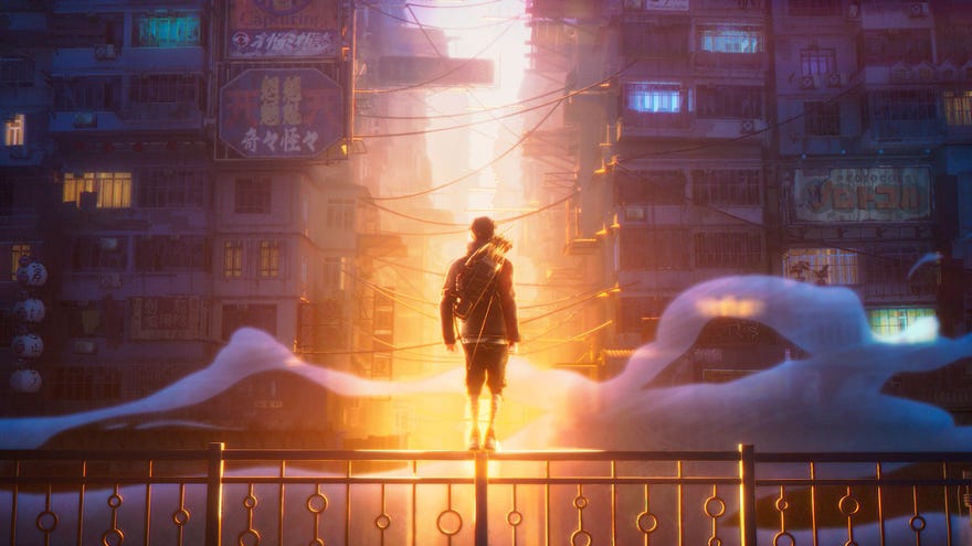A teaser image of co-op action parkour game Kemuri, showing a player standing on top of a railing, between two skyscrapers