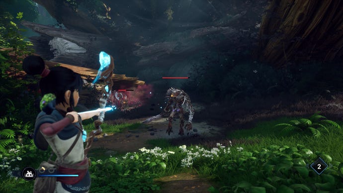 Kena: Bridge Of Spirits: Kena aims her bow at an enemy.