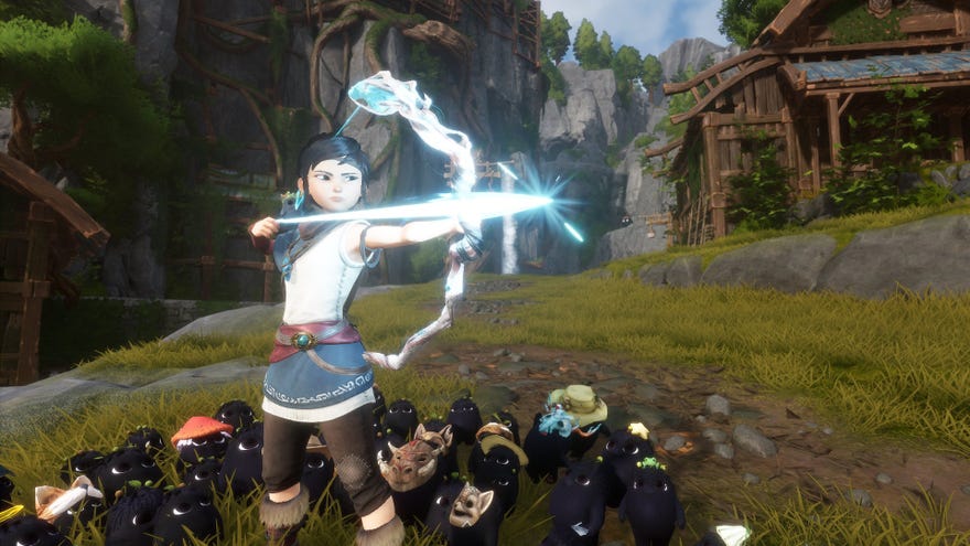 Kena draws her Spirit Bow while surrounded by Rot in Kena: Bridge Of Spirits.