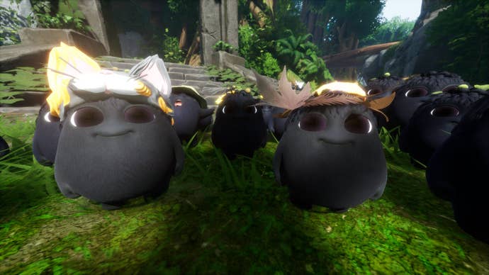 A collection of Rot wearing Rot Hats and smiling at the camera in Kena: Bridge Of Spirits.