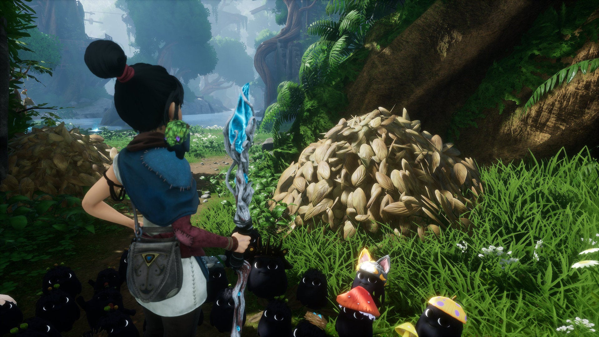 Kena contemplates a Hay Pile in Kena: Bridge Of Spirits.