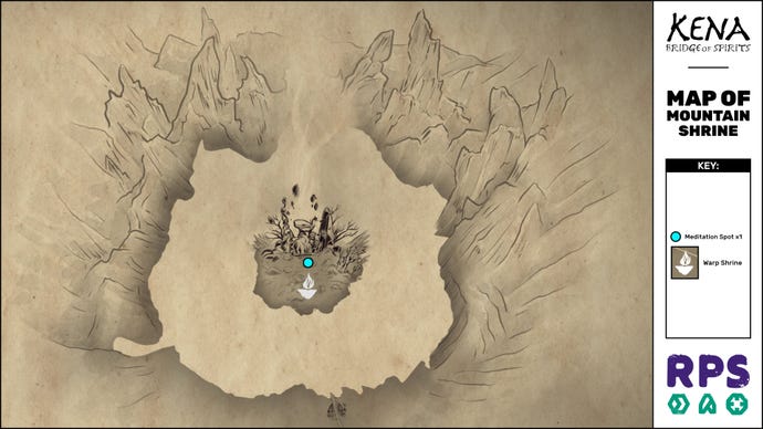 A map of the Mountain Shrine area of Kena: Bridge Of Spirits with all collectible locations marked.