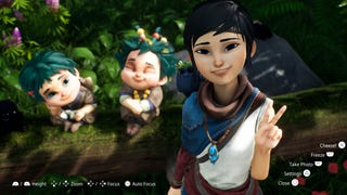 Kena: Bridge Of Sprits photo mode - Kena makes a peace sign while two child characters pose beside her. The interface shows options for zooming, focusing, taking a photo, and more.