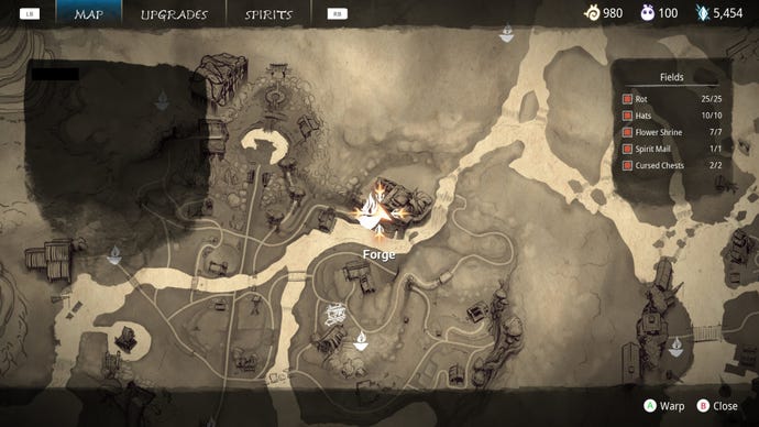 Part of the map of Kena: Bridge Of Spirits where a Spirit Mail collectible is hidden nearby.