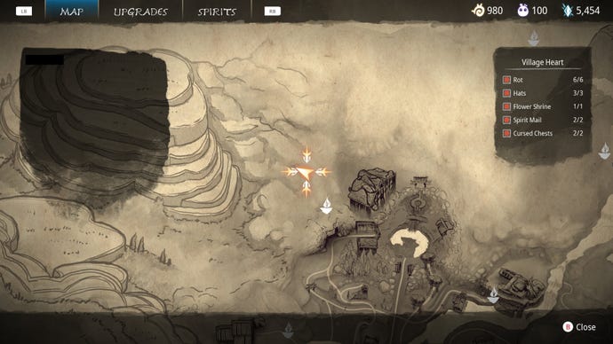 Part of the map of Kena: Bridge Of Spirits where a Spirit Mail collectible is hidden nearby.