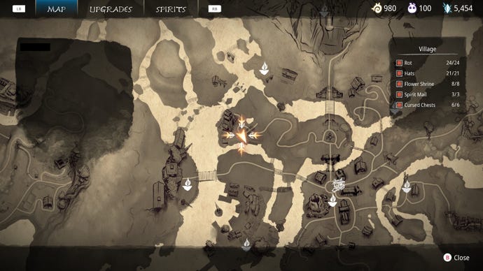 Part of the map of Kena: Bridge Of Spirits where a Spirit Mail collectible is hidden nearby.