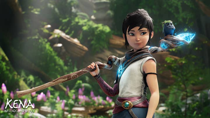 Kena and the Bridge of Spirits image showing a young woman holding a spear with a glowing tip. A cut blue forest creature stands on the spear tip.