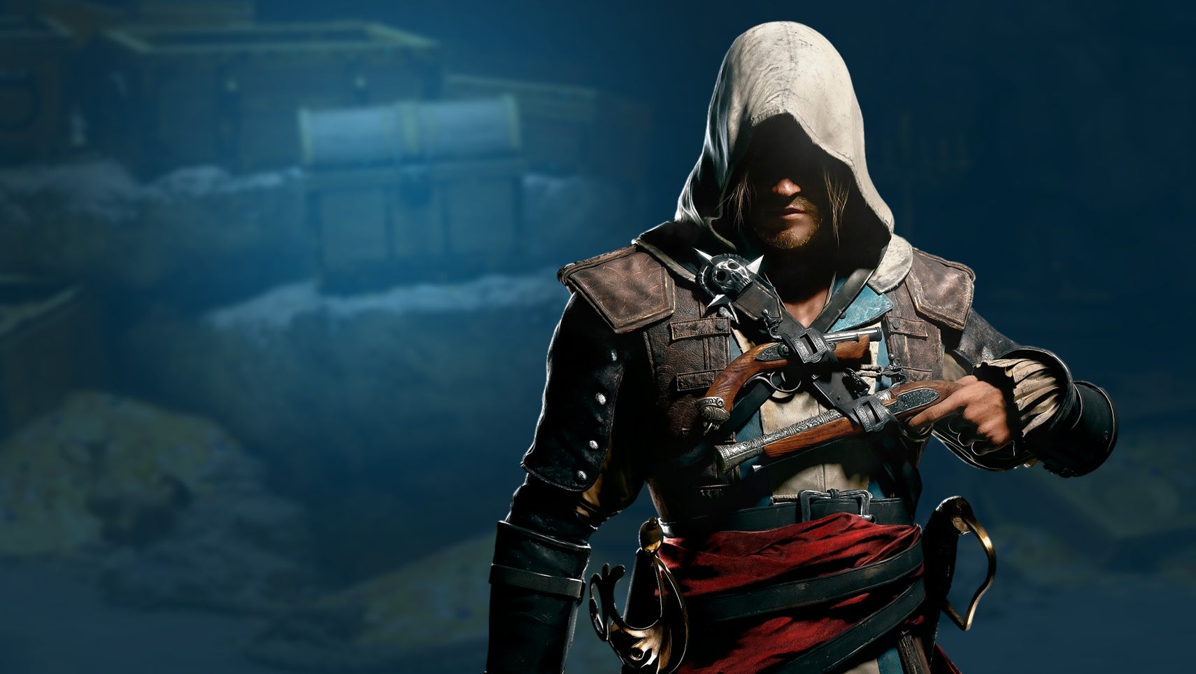 Edward Kenway in front of a pile of cash, gold coins, and treasure chests