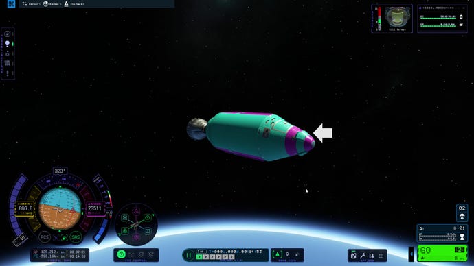 A rocket in orbit in Kerbal Space Program 2, demonstrating a navball that is half blue and half brown because of the rocket’s current orientation.
