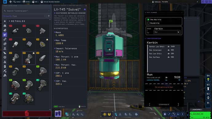 The VAB in Kerbal Space Program 2, with the engine picker open on the left side of the build screen and a rather pessimistic flight plan projection on the right.