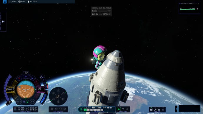 A Kerbal pilot wearing the RPSpace Agency colours performs an EVA walk on a rocket in orbit around Kerbin.