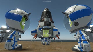 Three Kerbals in spacesuits look at one another on the surface of a distant planet.