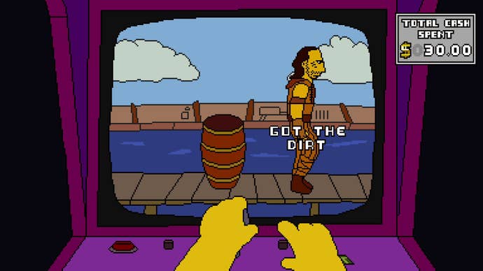 The arcade cabinet-esque game Kevin Costner’s Waterworld; the main character has just picked up the dirt