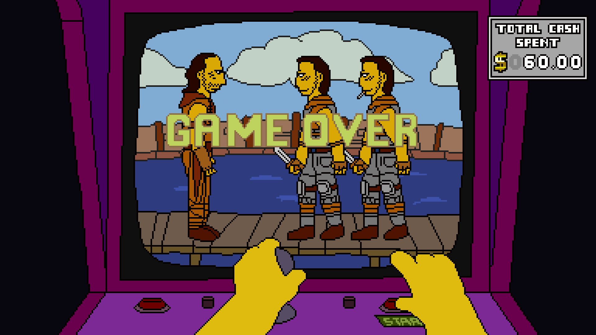 A game over screen on Kevin Costner&rsquo;s Waterworld - the main character has been stabbed by an enemy on the right side of the arcade cabinet screen