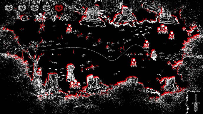 A dreamlike black, achromatic and reddish scenery from slug hellhole Key Fairy.