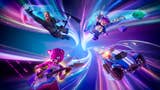 Fortnite lead character, LEGO character, pink bear with a guitar, and a rocket car emerge from a swirling coloured vortex
