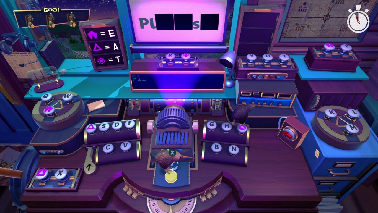 The telegram machine in postal puzzle game KeyWe. The keyboard is split into lots of small, random sections of keys. The screen showing the words to send has several letters blacked out, and the players must decode this