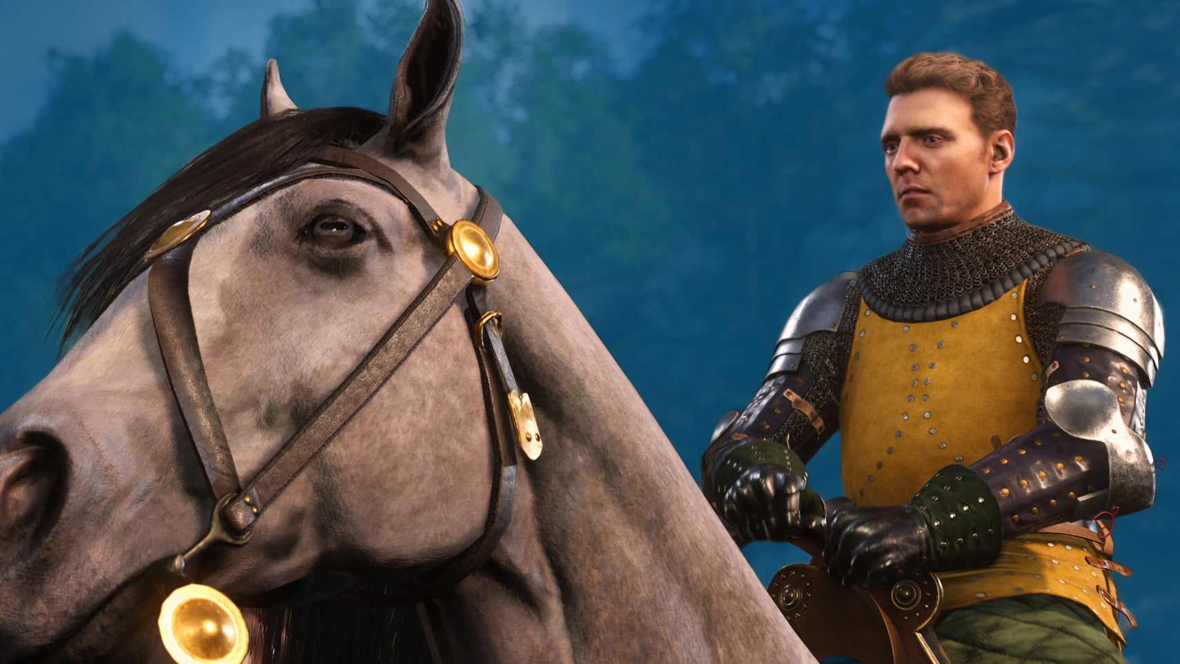 Henry as he appears in Kingdom Come Deliverance 2 riding a horse.