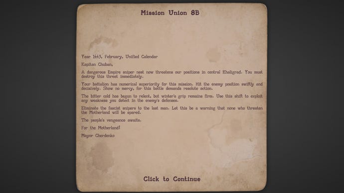 Reading a missive that commands you to eliminate fascist snipers in Khaligrad.