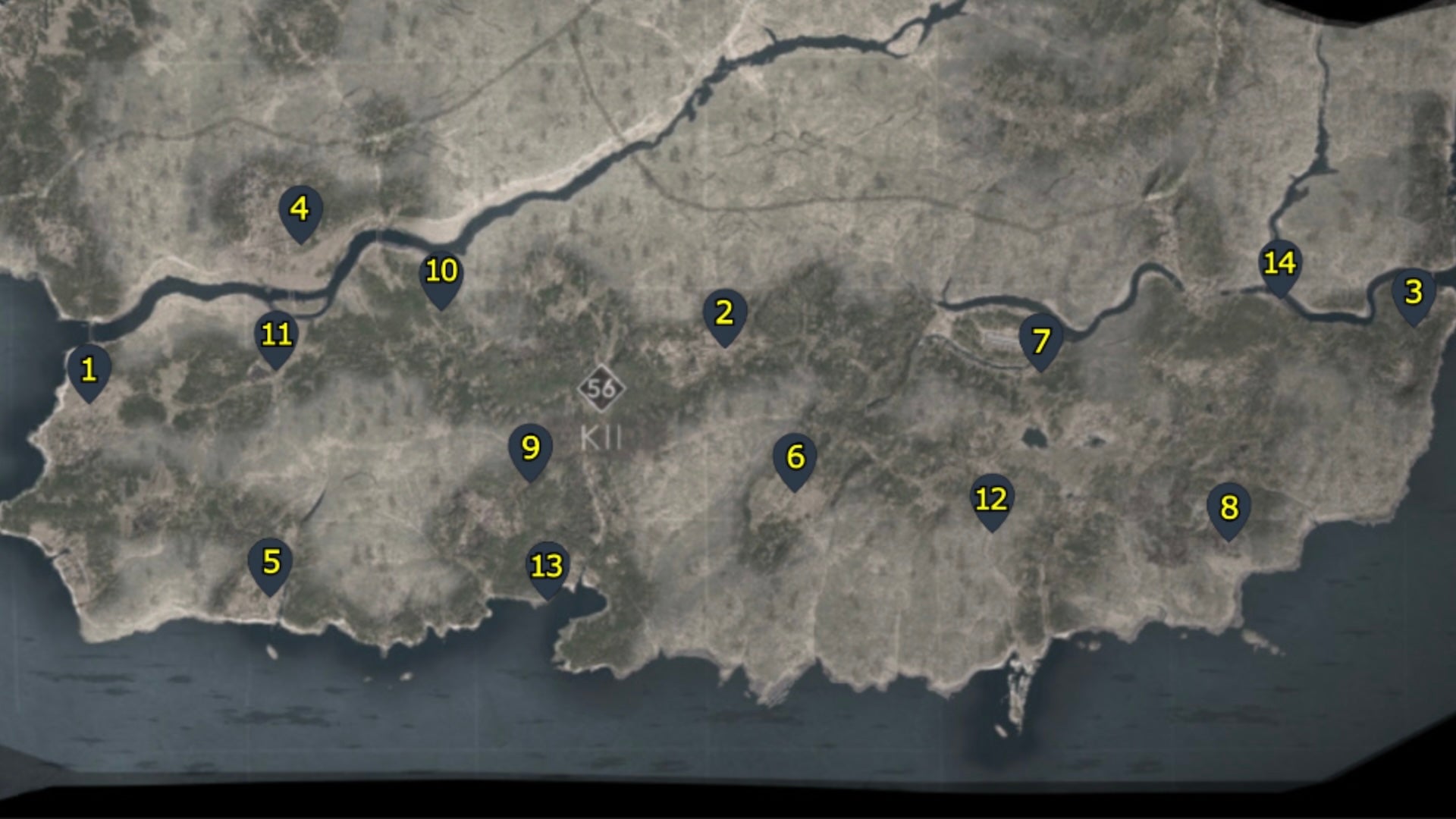 A map with pointers showing all Kakurega in the Kii region of Assassin's Creed Shadows. - 12