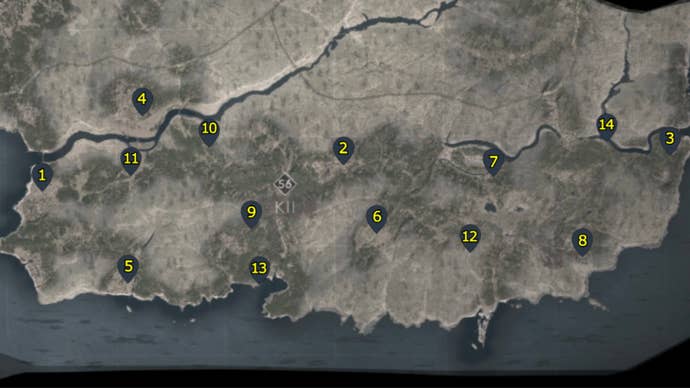 A map with pointers showing all Kakurega in the Kii region of Assassin’s Creed Shadows.