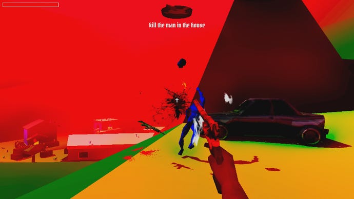 Shooting a blue bodyguard in the head. A house lies in a valley to the left. The background is a jagged combination of reds, blues, yellows, and greens.