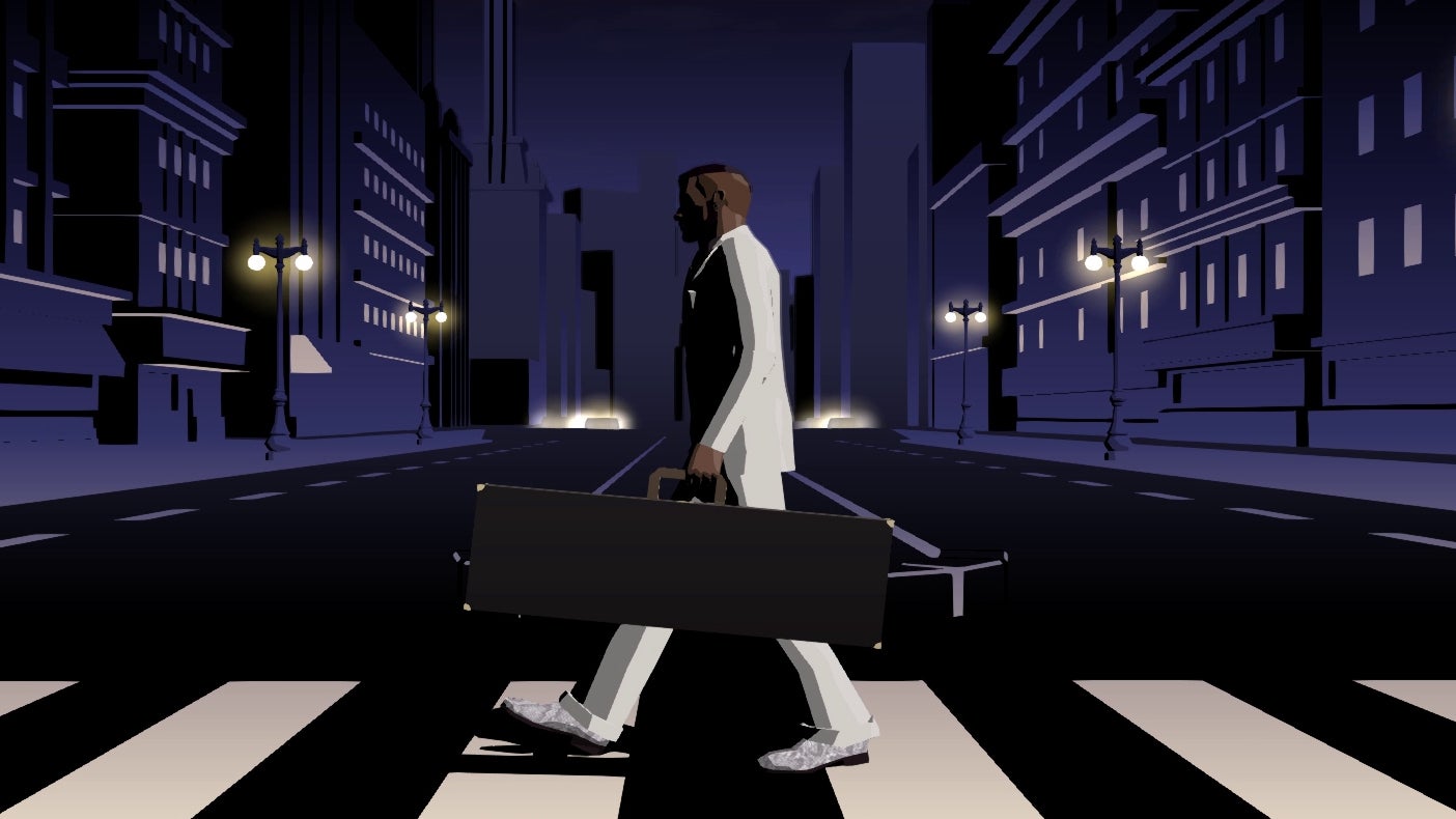 Garcian Smith walks across a zebra crossing carrying a large attache case in a Killer7 screenshot.