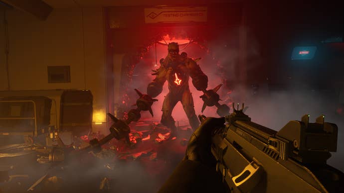 Fighting a techno-organic monster in a Killing Floor 3 screenshot.