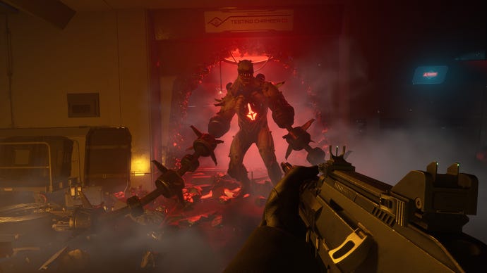 Fighting a techno-organic monster in a Killing Floor 3 screenshot.