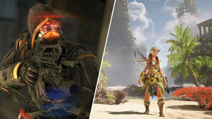 Aloy in Horizon Forbidden West opposite an FPS lad from Killzone.