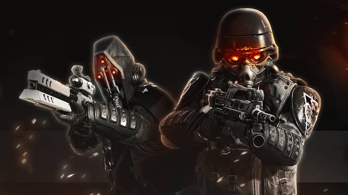 A promo image for Killzone stuff in Helldivers 2, showing two helmeted soldiers with glowing red eyes hefting big guns