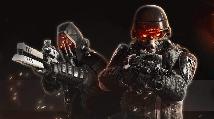 A promo image for Killzone stuff in Helldivers 2, showing two helmeted soldiers with glowing red eyes hefting big guns
