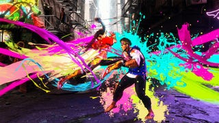 Kimberly fighting with Luke, backdropped against colourful spraypaint