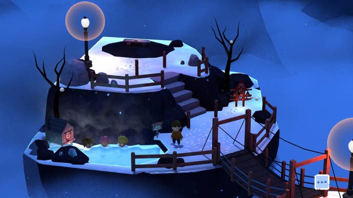 Three people bathe in a hot spring at night.