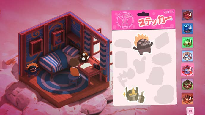 The player sits in their room, decorating it with stickers.
