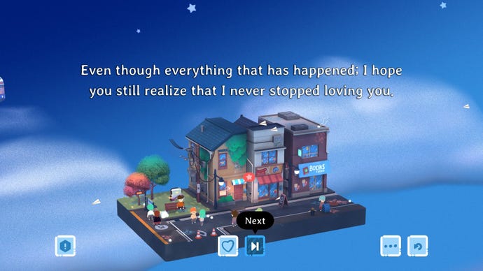 A bittersweet message appears in the sky over the city streets.