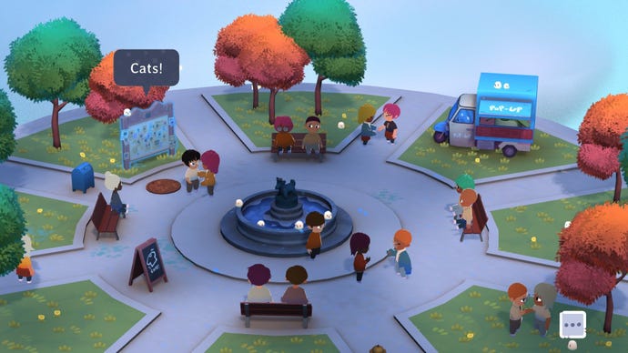 The player wanders around a plaza with a fountain and some autumn trees.