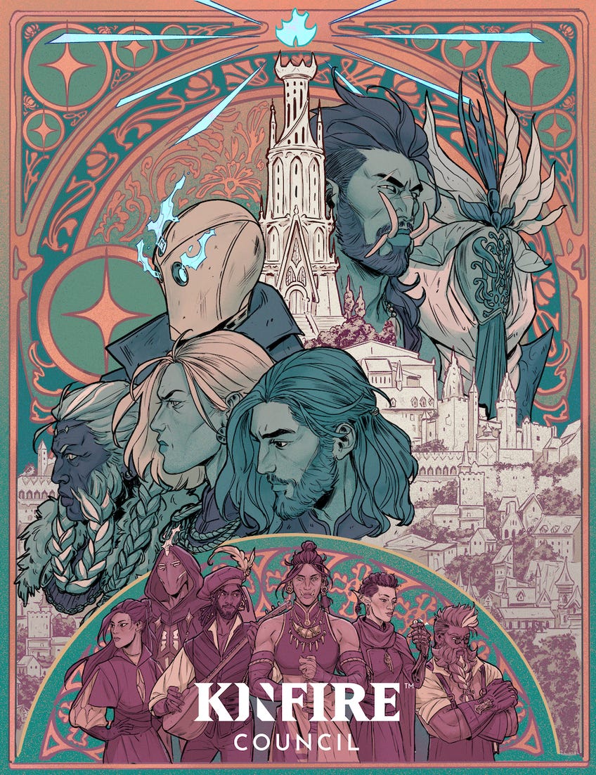 Poster for Kinfire Council board game featuring main player characters and some city architecture
