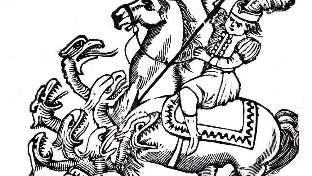 An etching of a man on horseback battling a monster with several heads - 1