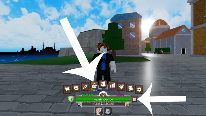 The buttons players need to press to access the codes menu in the Roblox game King Legacy.