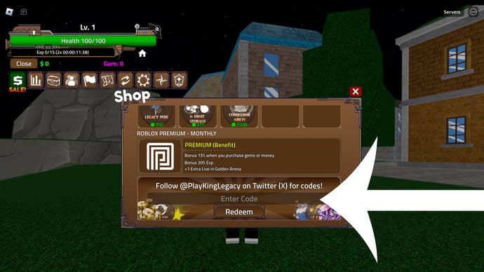 Arrow pointing at the Codes menu in the Roblox game King Legacy.