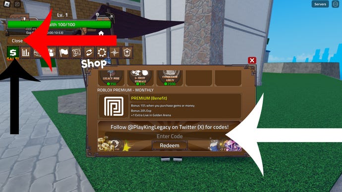 Arrows pointing at the button players need to press to redeem codes in King Legacy.