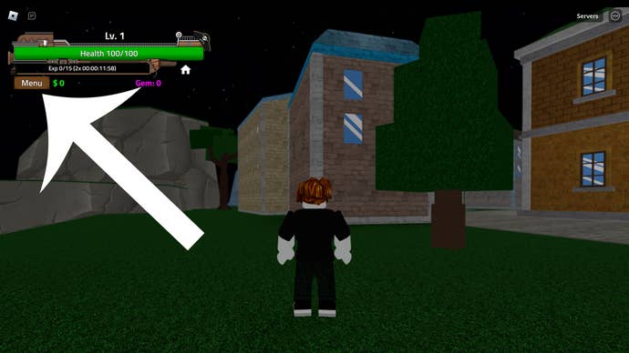 Arrow pointing at the menu button in the Roblox game King Legacy.