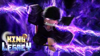 A King Legacy character performing a lightning attack while holding a sword in their mouth